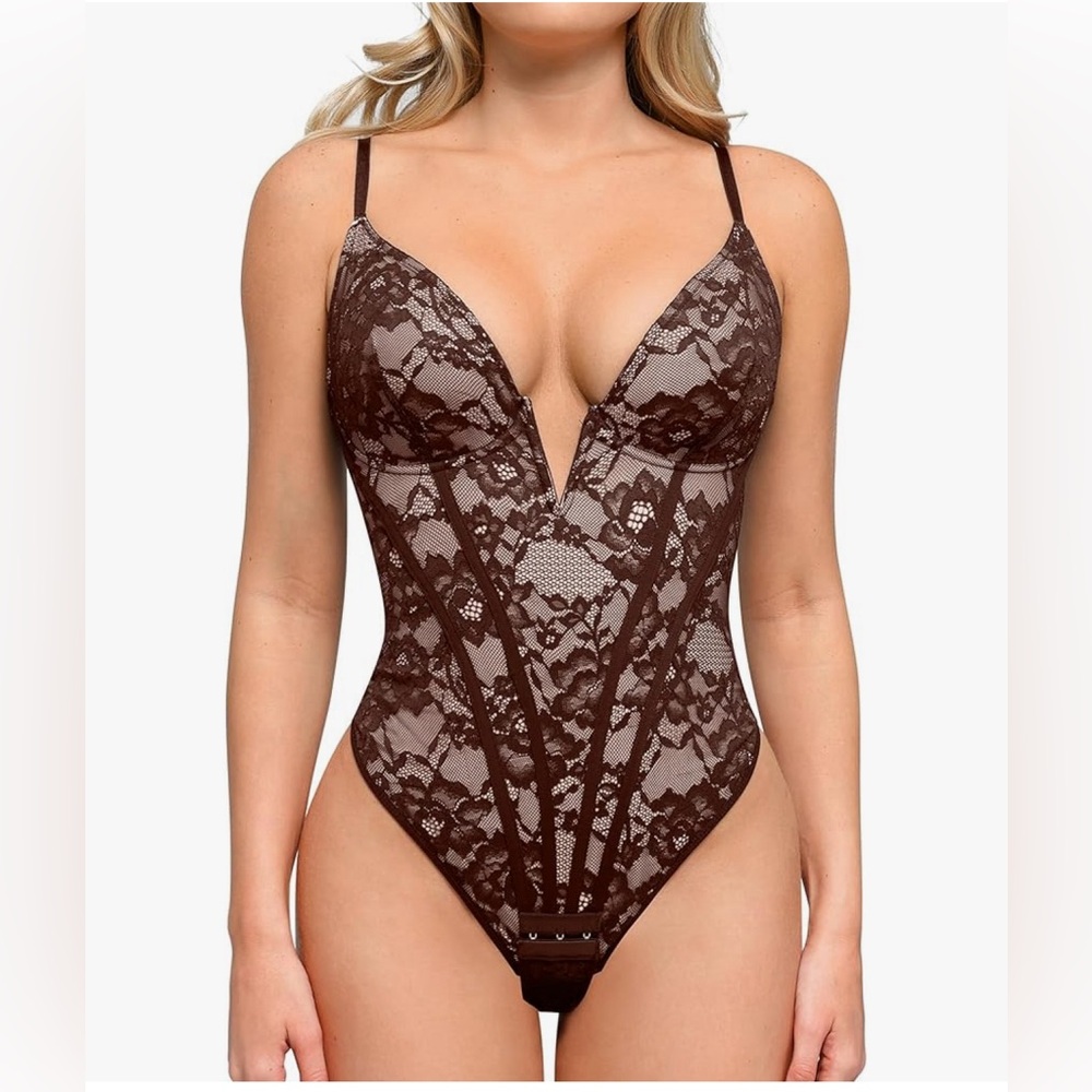 Popilush The Shapewear Bodysuit for Women - Deep V Neck Sleeveless Lace